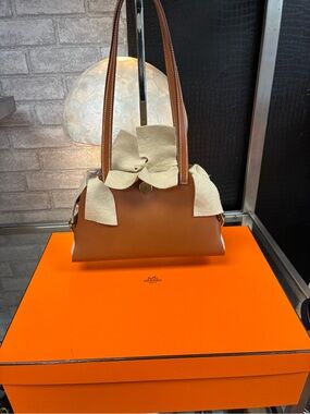Hermes Brown Leather Shoulder Bag with Cream Accents